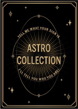 Black and gold tarot style card with inscription tell me what is your sign, I will tell you who you are astro collection MYA—BAY